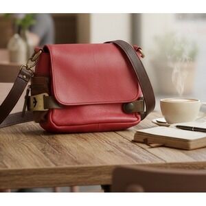 Cecile Jeanne PARIS RED GENUINE LEATHER LOGO SMALL SHOULDER BAG HANDBAG PURSE